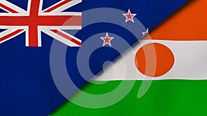 The flags of New Zealand and Niger. News, reportage, business background. 3d illustration