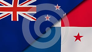 The flags of New Zealand and Panama. News, reportage, business background. 3d illustration