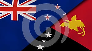 The flags of New Zealand and Papua New Guinea. News, reportage, business background. 3d illustration