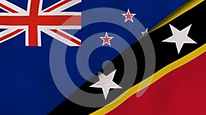 The flags of New Zealand and Saint Kitts and Nevis. News, reportage, business background. 3d illustration