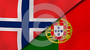 The flags of Norway and Portugal. News, reportage, business background. 3d illustration