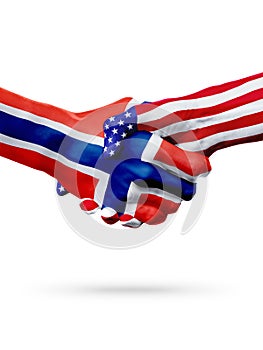 Flags Norway and United States countries, overprinted handshake. photo