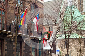 Flags on old building
