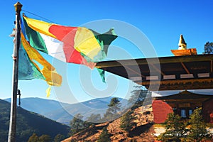 Flags on a Pagoda in the Himalaya Mountains in the Kingdom Bhutan