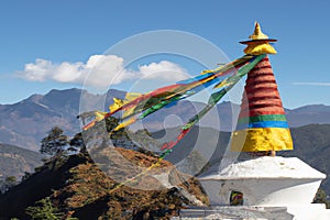 Flags on a Pagoda in the Himalaya Mountains in the Kingdom Bhutan