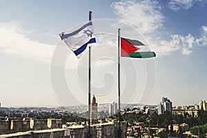 flags of Palestine and Israel against sky and old Jerusalem. Two States for two peoples. Two-state solution concept. Separate