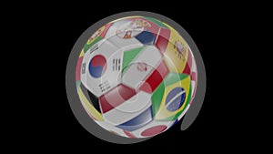 Flags participating 2022 on soccer ball rotating on transparent, HD footage with alpha loop, angle 2
