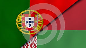 The flags of Portugal and Belarus. News, reportage, business background. 3d illustration