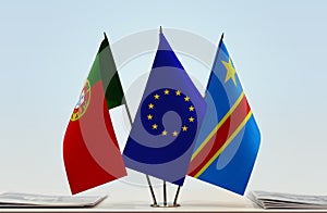 Flags of Portugal EU and Democratic Republic of the Congo DRC, DROC, Congo-Kinshasa