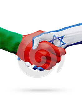 Flags Portugal, Israel countries, partnership friendship handshake concept.