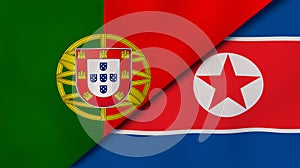The flags of Portugal and North Korea. News, reportage, business background. 3d illustration