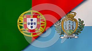 The flags of Portugal and San Marino. News, reportage, business background. 3d illustration