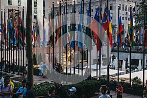 Flags at the Rockefeller Plaza, New York, USA.