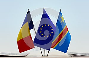 Flags of Romania EU and Democratic Republic of the Congo DRC, DROC, Congo-Kinshasa