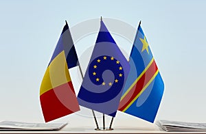 Flags of Romania EU and Democratic Republic of the Congo DRC, DROC, Congo-Kinshasa photo
