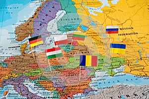 Flags of Russia and European countries on world map. Hot spot, support for Ukraine concept, defending territories