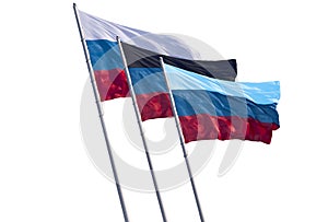 Flags of Russia and the partially recognized republics of Donetsk and Lugansk oblasts isolated on a white background