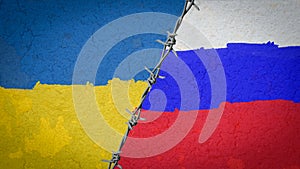 Flags of Russia and Ukraine divided by barb wire illustration, the concept of tense diplomatic relations two countries between Rus