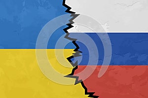 Flags of Russia and Ukraine with a split between them, showing the conflict between the countries