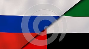 The flags of Russia and United Arab Emirates. News, reportage, business background. 3d illustration