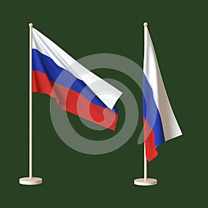 Flags of the Russian Federation fluttered on a flagpole and twisted against a neutral background. 3D rendering. Layout.