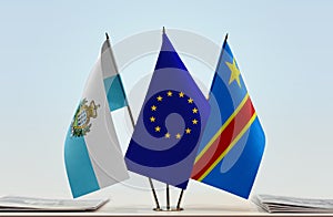 Flags of San Marino EU and Democratic Republic of the Congo DRC, DROC, Congo-Kinshasa