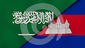 The flags of Saudi Arabia and Cambodia . News, reportage, business background. 3d illustration