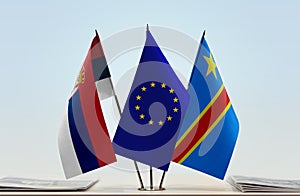 Flags of Serbia EU and Democratic Republic of the Congo DRC, DROC, Congo-Kinshasa photo