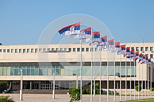Flags of Serbia waiving in front of SIV, or Palata Srbija, or Palace of Serbia. It is the headquarters of the Serbian government photo
