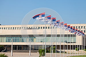 Flags of Serbia waiving in front of SIV, or Palata Srbija, or Palace of Serbia. It is the headquarters of the Serbian government