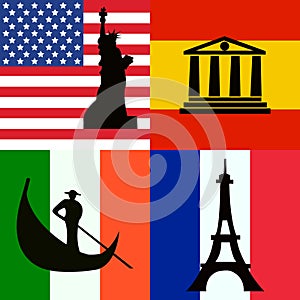 Flags set of America, Spain, Italy and France with sights