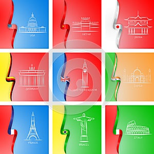 Flags and sights of different countries icons in set collection for design. Famous building vector symbol web