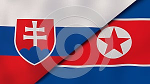 The flags of Slovakia and North Korea. News, reportage, business background. 3d illustration