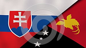 The flags of Slovakia and Papua New Guinea. News, reportage, business background. 3d illustration