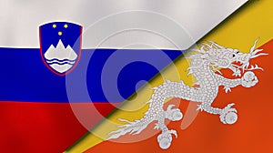 The flags of Slovenia and Bhutan. News, reportage, business background. 3d illustration