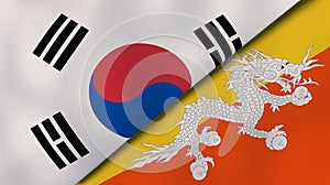 The flags of South Korea and Bhutan. News, reportage, business background. 3d illustration