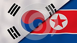 The flags of South Korea and North Korea. News, reportage, business background. 3d illustration