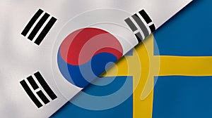 The flags of South Korea and Sweden. News, reportage, business background. 3d illustration