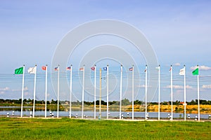 Flags of southeast asia countries on blue sky background, AEC, ASEAN Economic Community