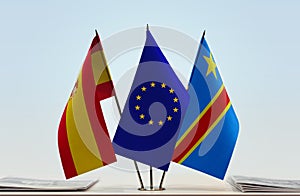 Flags of Spain EU and Democratic Republic of the Congo DRC, DROC, Congo-Kinshasa
