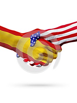 Flags Spain and United States countries, overprinted handshake.