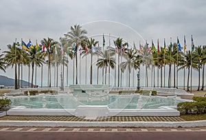 Flags Square Praca das Bandeiras and 9 de Julho Fountain at Coastal Garden of Santos Beach - Santos, Sao Paulo, Brazil photo