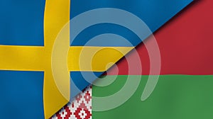 The flags of Sweden and Belarus. News, reportage, business background. 3d illustration