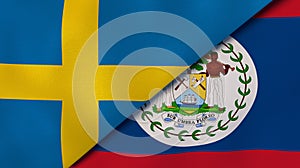 The flags of Sweden and Belize. News, reportage, business background. 3d illustration