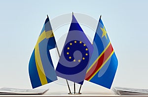 Flags of Sweden EU and Democratic Republic of the Congo DRC, DROC, Congo-Kinshasa