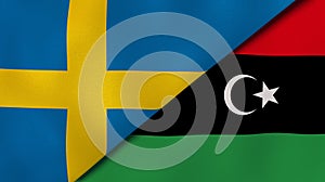 The flags of Sweden and Libya. News, reportage, business background. 3d illustration