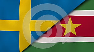 The flags of Sweden and Suriname. News, reportage, business background. 3d illustration