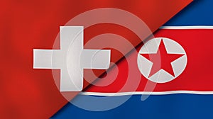 The flags of Switzerland and North Korea. News, reportage, business background. 3d illustration