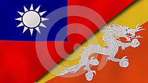 The flags of Taiwan and Bhutan. News, reportage, business background. 3d illustration