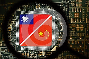 Flags of Taiwan and China on a processor. Computer board with chip.